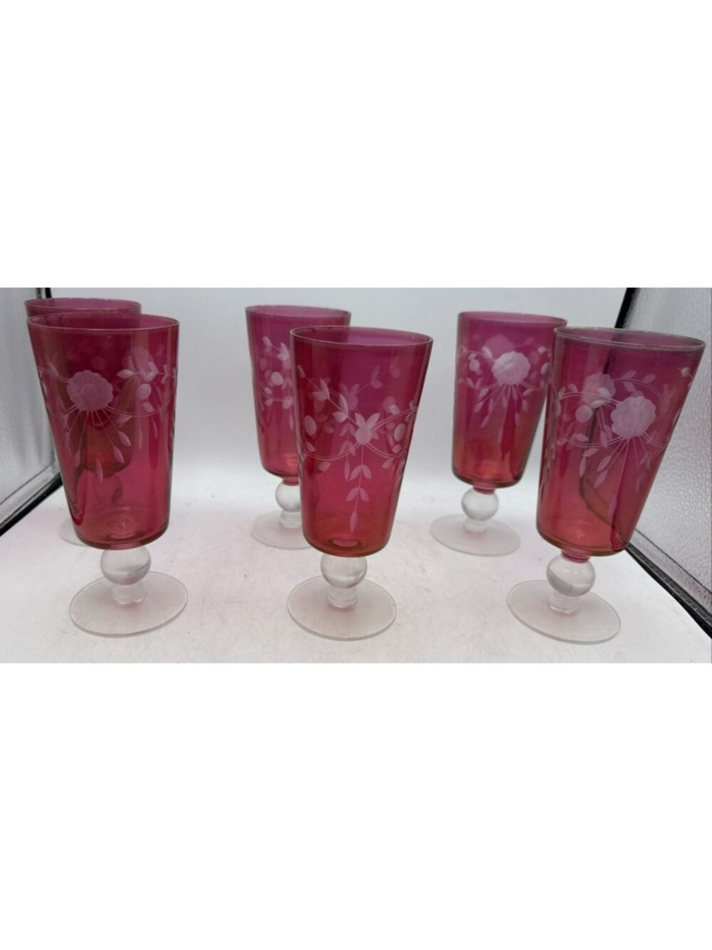 Cranberry Flash Glass Pedestal Glass Flower & Leaf Cut To Clear Set Of 6 Vintage